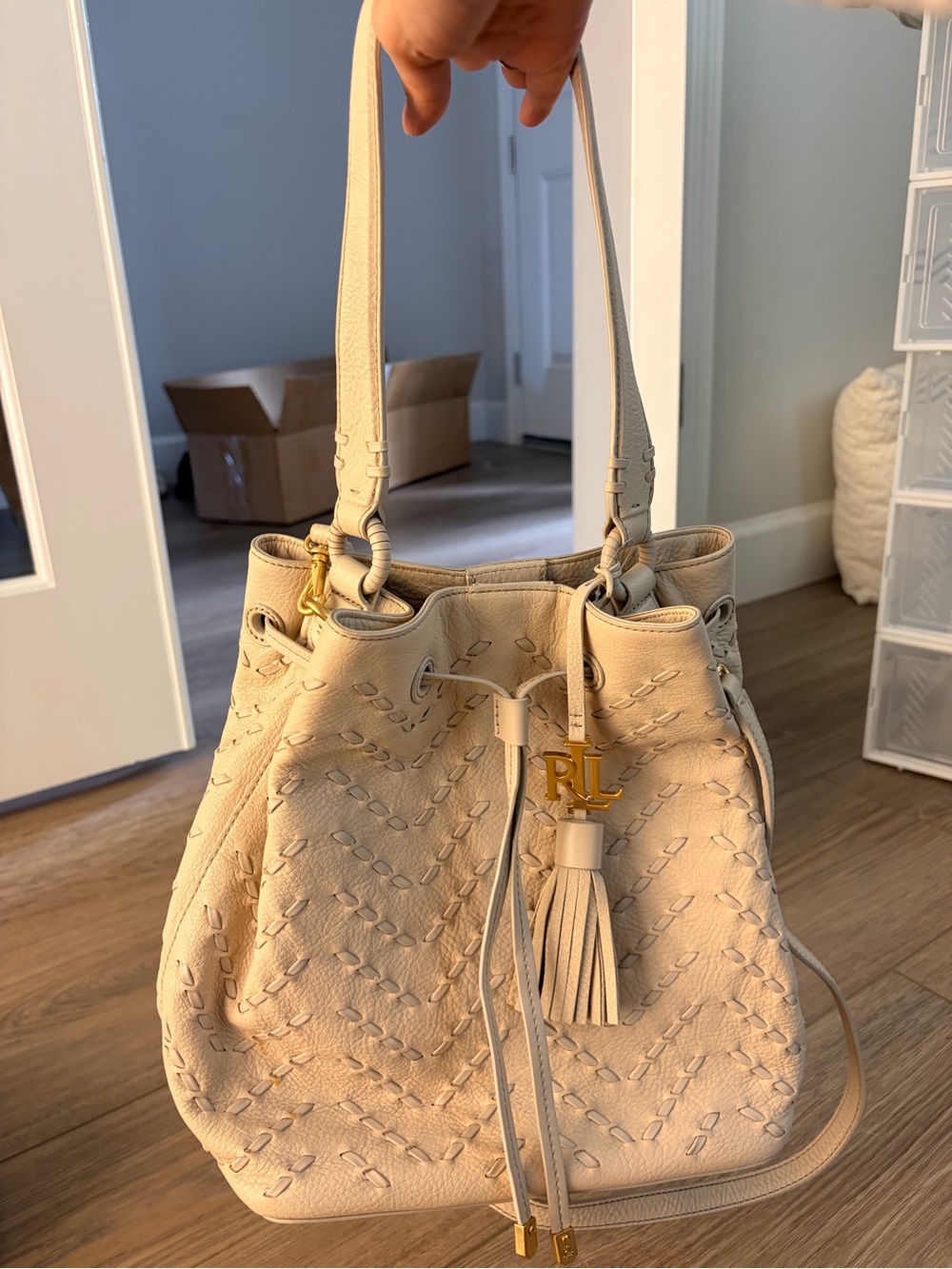 Ralph Lauren Cream/Bone Leather Drawstring Bucket Shoulder Bag